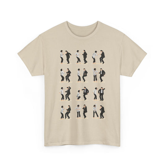 Unisex Pulp Fiction Dance Funny Gift Graphic T-Shirt, featuring a delightful design of couples in synchronized dance moves. Perfect for lovers of cinema and fashion, adding a touch of whimsy to any outfit.