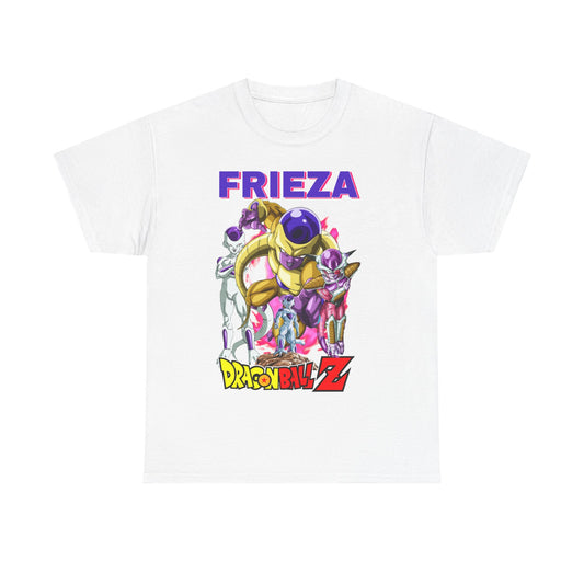 Sophisticated white Frieza Force T-shirt showcasing a dynamic illustration of Frieza and his team from Dragon Ball Z, adorned with the striking word 'FRIEZA' above, ideal for stylish anime lovers.