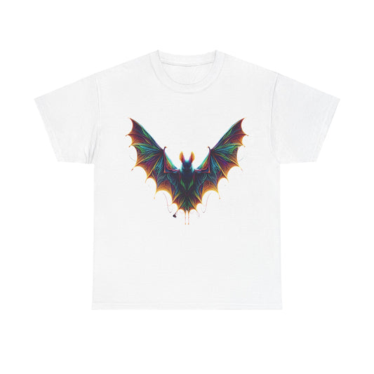 Radiant Evolution Bat Tee in white, showcasing an exquisite graphic of a colourful bat design, embodying elegance and artistry on a pure white shirt.