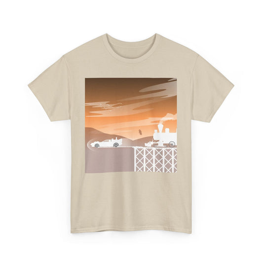 Elegant unisex cotton graphic t-shirt illustrating a creative Back To The Future theme with a stylised car and steam train, complemented by a serene sunrise backdrop in soft hues. A witty and stylish addition to any wardrobe.