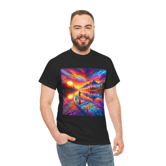 Delightful Paddle Board T-Shirt for Water Sports Enthusiasts in black, elegantly worn by a smiling man against a chic background, displaying a stunning sunset paddleboarding graphic, ideal for luxury nature lovers.