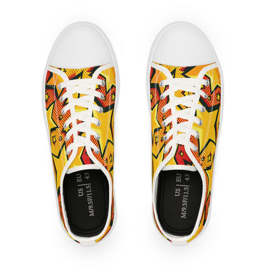 Top view of Zara Boltstrike Men's Lowtop Sneakers, showcasing a striking red and yellow star-patterned design, embodying a chic pop art aesthetic.