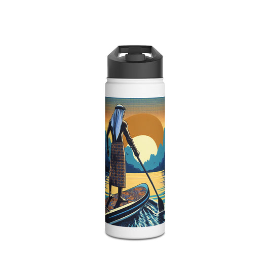 Sleek Fantasy Paddleboarding Stainless Steel Water Bottle showcasing an artistic paddleboarder against a beautiful sunset, ideal for stylish hydration.