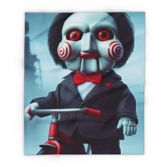 Elegant Decorative and Warm Halloween Jigsaw Spooky Arctic Fleece Blanket showcasing a haunting doll design, ideal for festive occasions and cosy evenings.