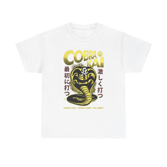Elegant white Cobra Kai graphic t-shirt featuring a striking black and gold snake design with bold typography, perfect for martial arts enthusiasts.