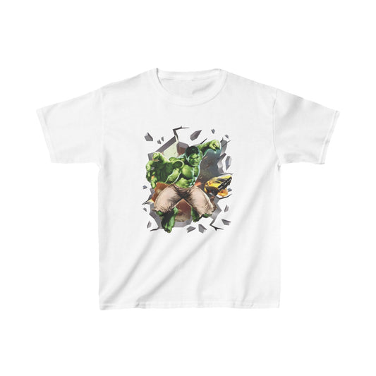 Unisex Kids Hulk Graphic T-Shirt - Elegant white cotton tee designed for children, showcasing a dynamic Hulk illustration for imaginative play.