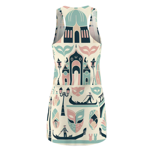 Close-up of the Venetian-Inspired Pastel Rosewood Dress showcasing intricate carnival mask patterns amidst gentle pink and blue tones.