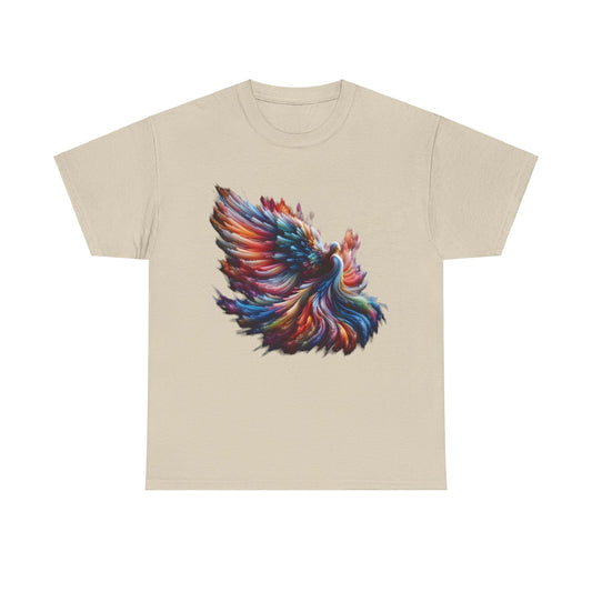 Majestic Angel Graphic Unisex T-Shirt in beige showcasing a stunning abstract phoenix art design in bright colours, made with high-quality cotton for comfort and style.