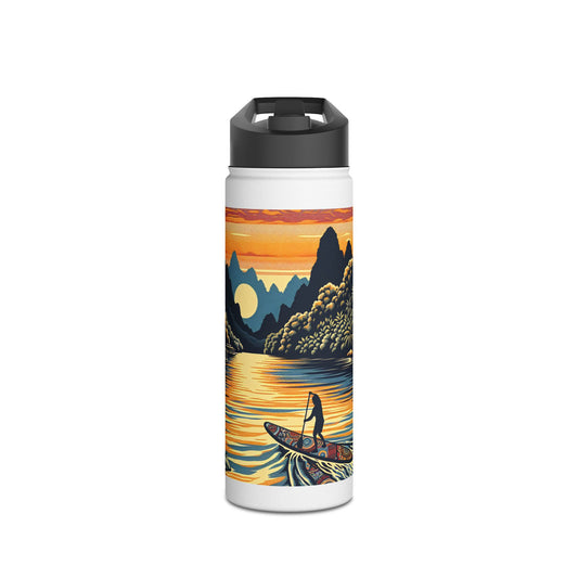 Elegant Fantasy Paddleboarding Stainless Steel Water Bottle with sunset scenery and paddleboarder motif, ideal for stylish outdoor hydration.