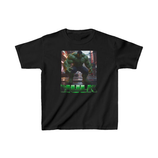Kids Heavy Cotton Incredible Hulk T-Shirt in black showcasing a striking Hulk graphic, crafted from heavy-duty material for durability.