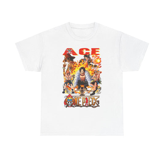 Men's premium white graphic t-shirt showcasing Ace from One Piece, surrounded by vibrant flames and iconic characters, reflecting trendy anime fashion.