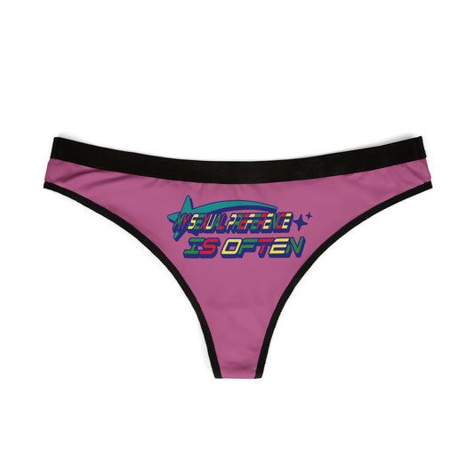 Luxury women's cheeky thong panties in vibrant pink featuring a bold graphic that reads 'MY SEXUAL PREFERENCE IS OFTEN', designed for confident, modern women.