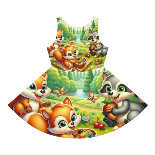 Delightful Lola Brielle Girls Sundress showcasing charming illustrations of forest animals, including curious foxes and vibrant butterflies, ideal for stylish summer outings.