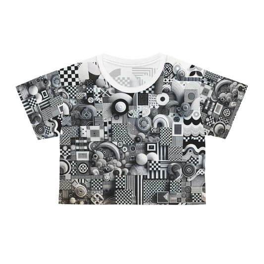 Valentina Belleveau Modern Patterned Crop Tee featuring a luxurious silky soft 100% polyester fabric, showcasing a striking black and white checkerboard and organic design that blends contemporary patterns.