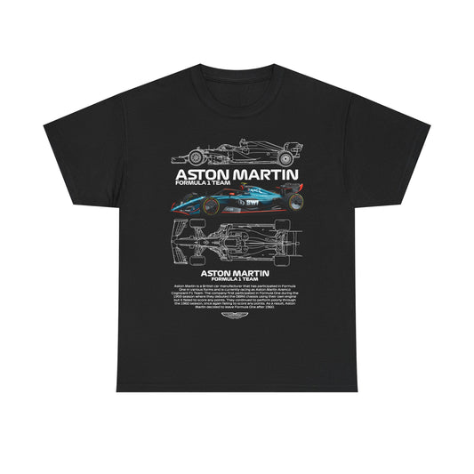 Elegant Aston Martin Formula 1 Team men's T-shirt in black, featuring a striking illustration of a race car and the classic Aston Martin branding in bold lettering.