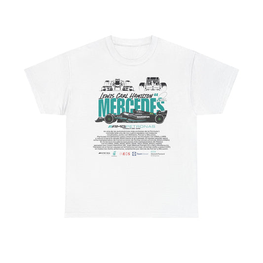 Luxury white tee featuring striking graphics celebrating Lewis Hamilton's legacy with the Mercedes AMG Petronas Formula 1 team, showcasing the iconic number 44 and stylish automotive design.