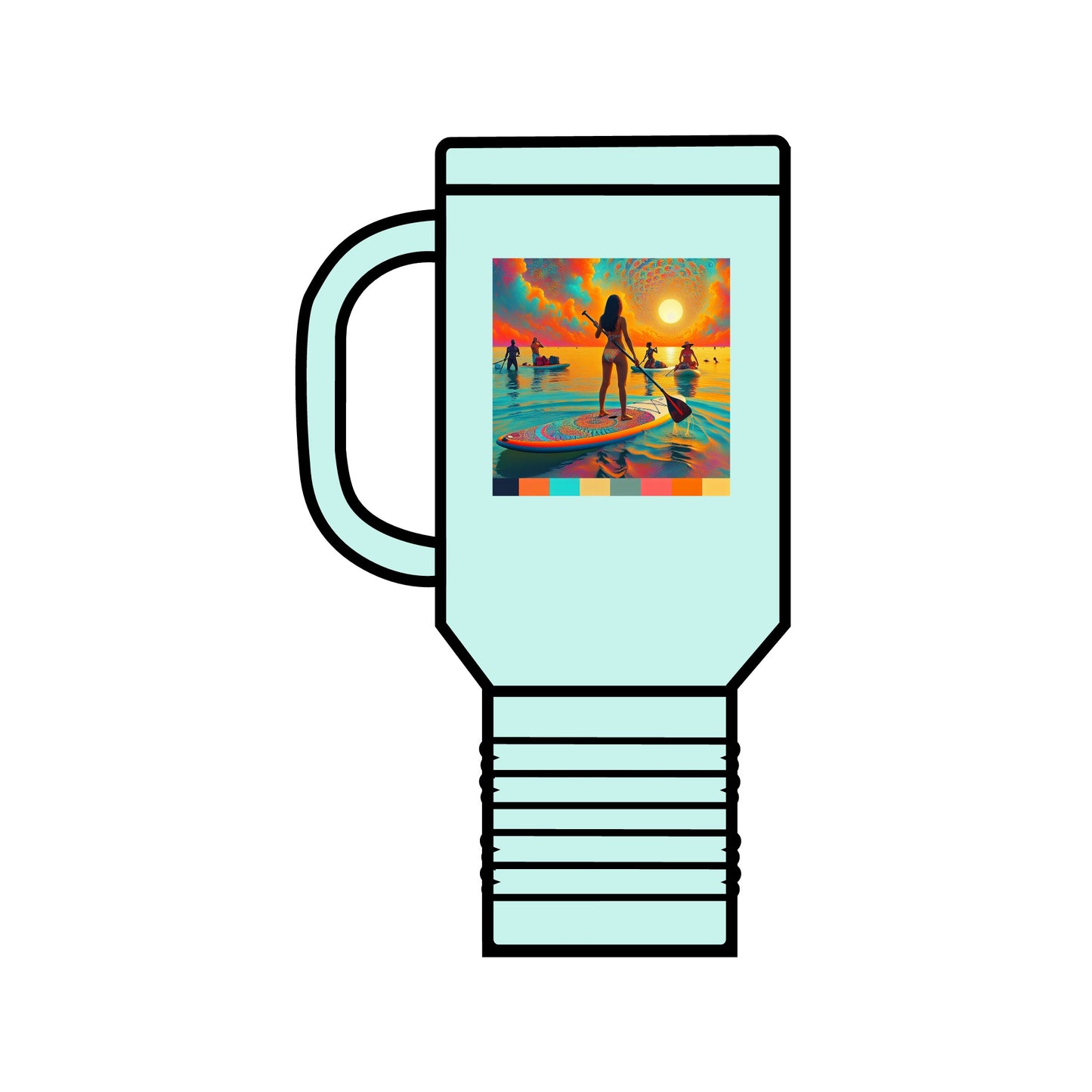 Fantasy Paddleboarding Insulated Stainless Steel Travel Mug 40oz in elegant mint green featuring a dynamic paddleboarding image, perfect for those who love adventure.