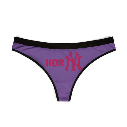 Elegant purple thong panties with a striking 'Horny' graphic, designed for comfort and allure, ideal for a playful yet sophisticated lingerie collection.