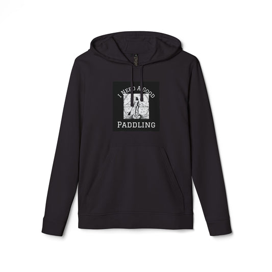 Adidas Women’s Fleece hoodie featuring 'I Need a Good Paddling' graphic, designed for paddleboarders. Elegant black colour and soft fabric offer comfort.