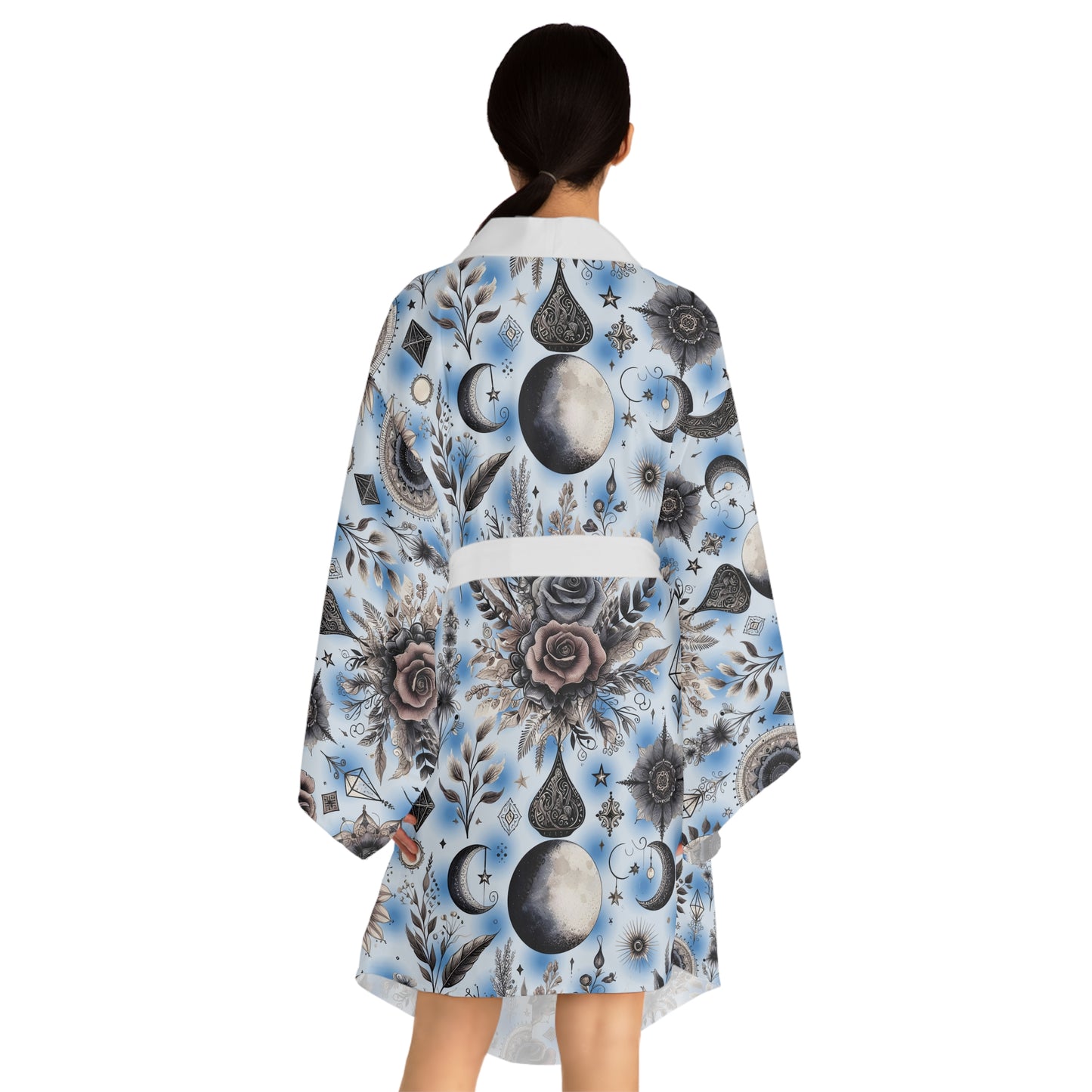 Luxurious Floral Kimono Robe featuring intricate floral designs and celestial patterns, showcasing elegant long sleeves and a flattering silhouette, perfect for stylish lounging or special occasions.