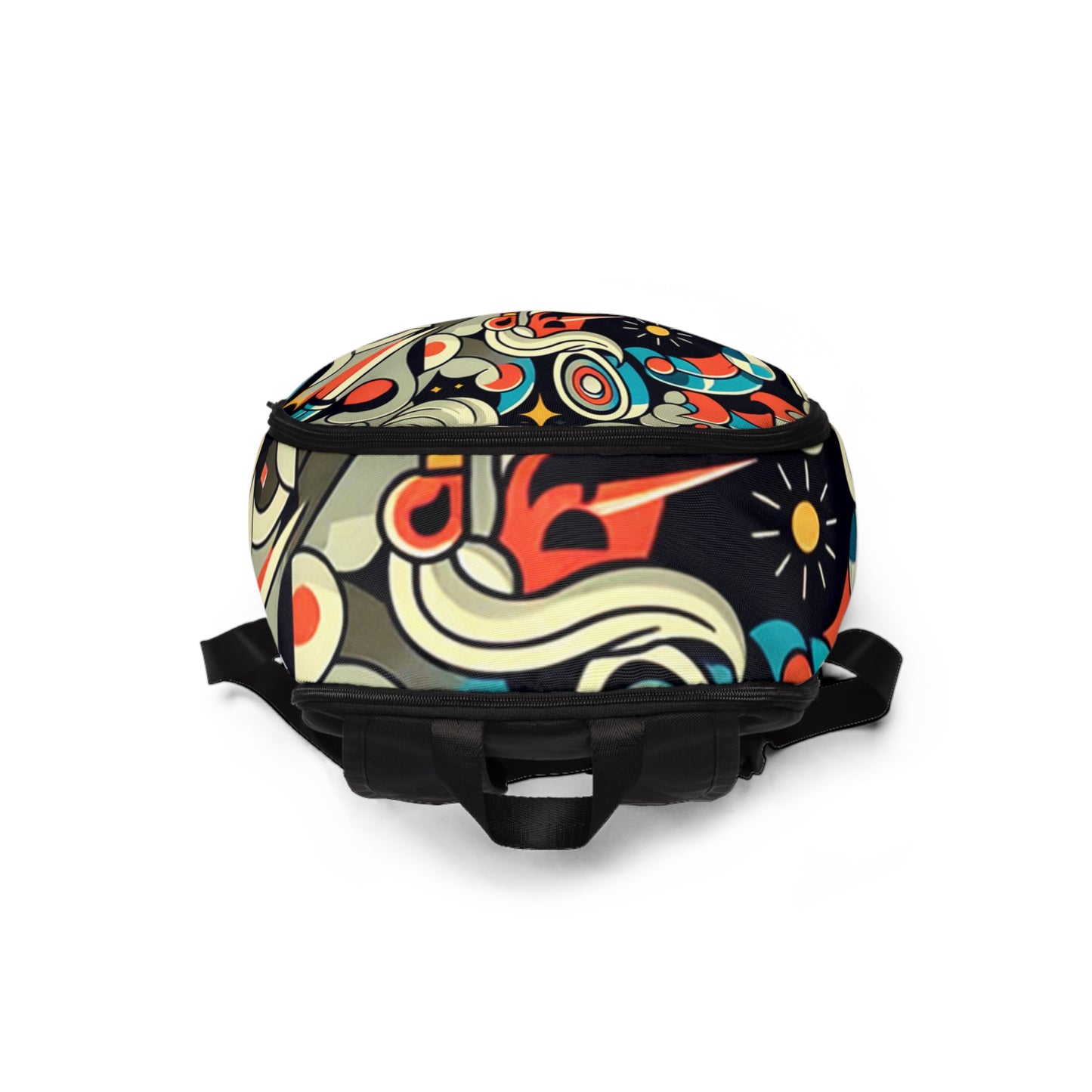 Vivid artwork on the Comic-Inspired Minimalist Backpack by Dazzling Dreams Studio, exemplifying playful artistry and modern elegance for a unique personal statement.