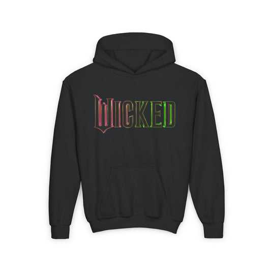 Childs Wicked Movie Graphic Pullover Hoodie in black, showcasing the bold 'Wicked' logo with colourful accents, ideal for young fashion enthusiasts and theatre lovers.
