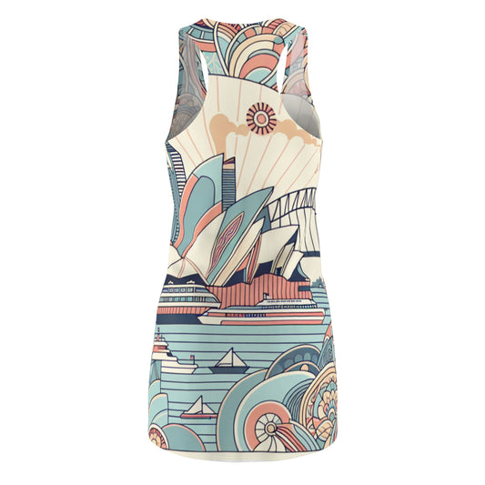 Close-up of the Alessia Couture Pastel Racerback Dress, showcasing luxurious fabric and artistic prints inspired by Sydney's Royal Botanic Gardens and coastal life.