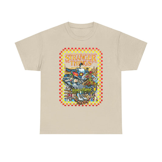 Elegant unisex Stranger Things Rink O Mania graphic t-shirt showcasing retro artwork of pinball machines and roller skates, perfect for fans of vintage style.