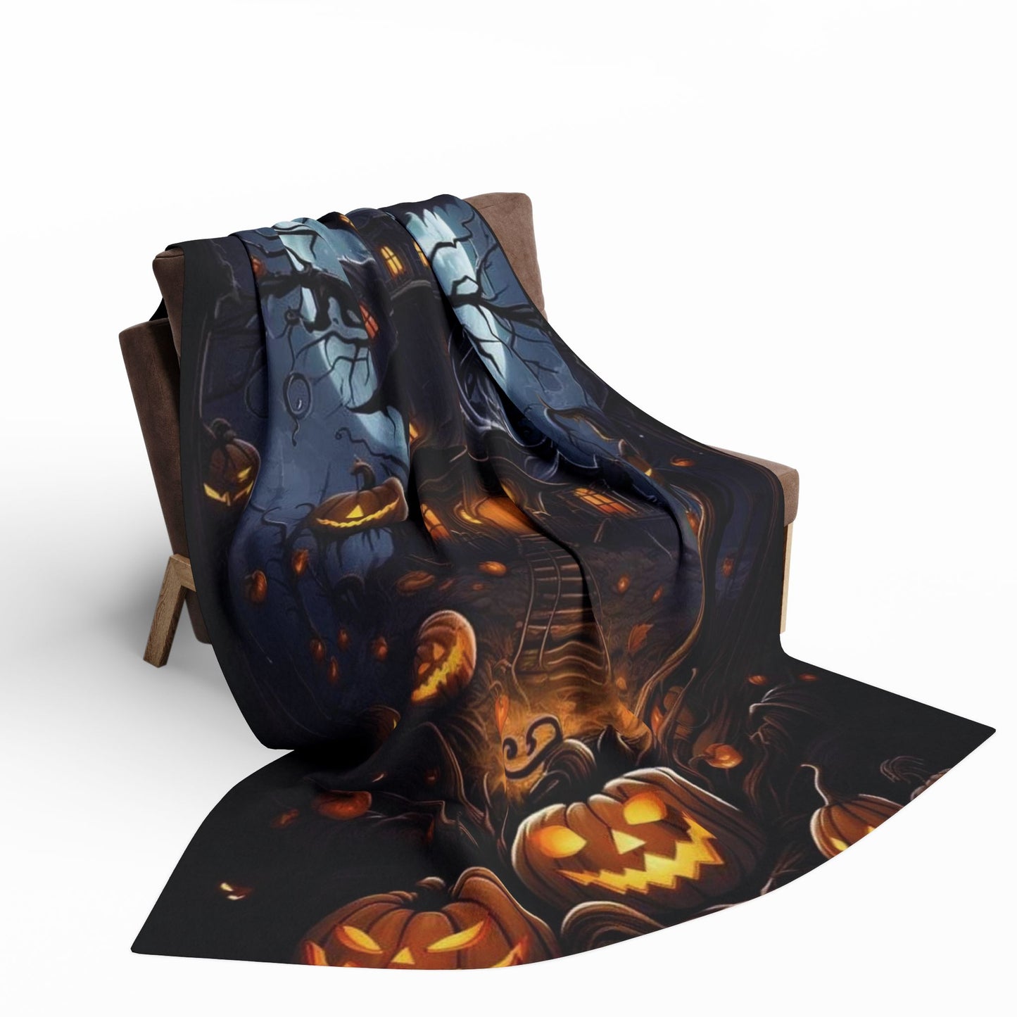 Decorative and Warm Halloween Spooky Arctic Fleece Blanket draped elegantly over a stylish chair, featuring vibrant Halloween designs with jack-o'-lanterns and an enchanting autumnal background, perfect for elevating your seasonal decor.
