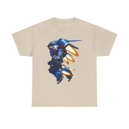 Unisex premium beige tee showcasing a striking blue mecha illustration, exuding an adventurous spirit and artistic flair.