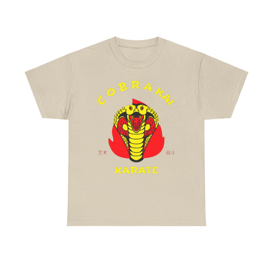 Luxurious unisex Cobra Kai graphic T-shirt featuring a bold yellow snake emblem and vibrant red accents, designed for martial arts enthusiasts.