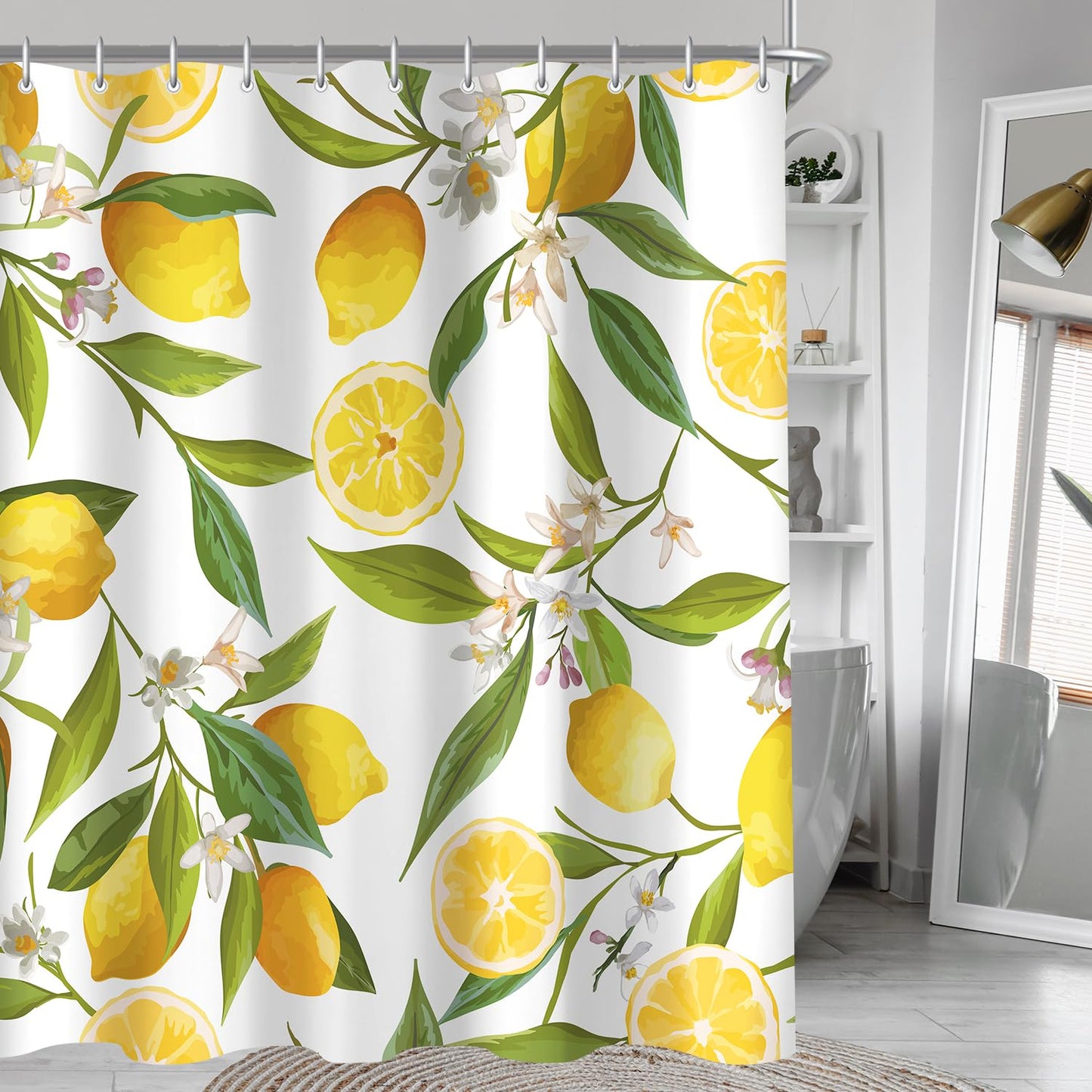 Lerores Shower Curtain, 150 x 200 cm, Lemon Leaf, Weighted Hem, Anti-Mould, Water-Repellent, Washable Polyester Bath Curtains with 8 Eyelets and