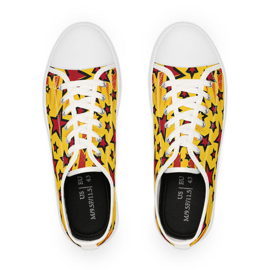 Luxurious vibrant red pop-art low top sneakers featuring bold yellow star patterns, designed for stylish men.