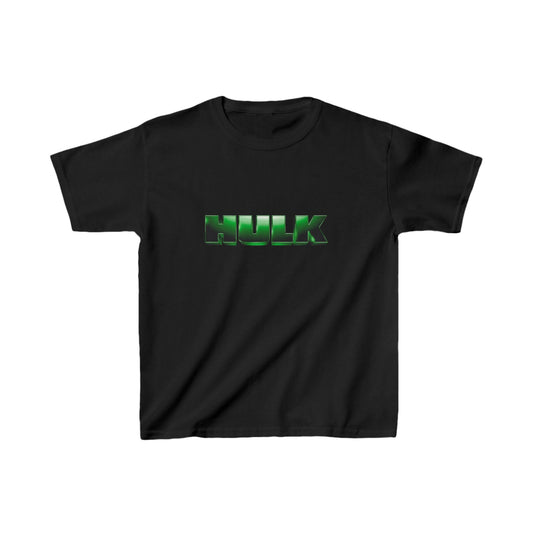 Kids Incredible Hulk Heavy Duty T-Shirt in black, showcasing an eye-catching Hulk logo, ideal for active boys who love style and strength.