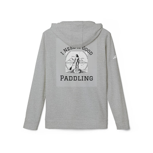 Back view of the Adidas Women’s Fleece 'I Need a Good Paddling' Hoodie in Grey, featuring the slogan prominently displayed.