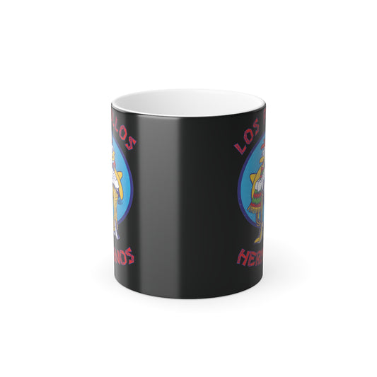 Side view of Breaking Bad Los Pollos Hermanos 11oz Colour Morphing Mug, featuring a sleek black design and eye-catching vibrant logo, ideal for a luxurious coffee experience.