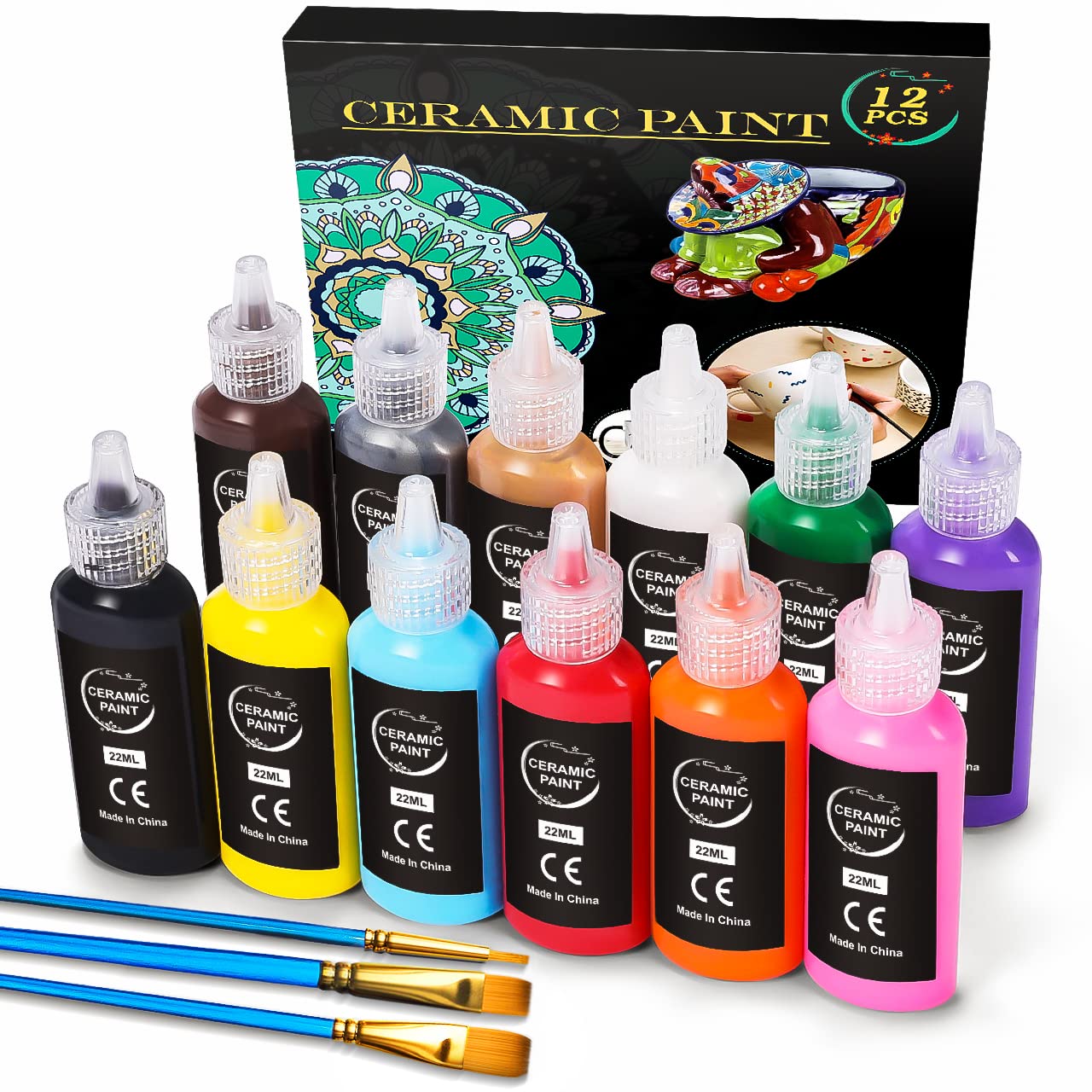 Ratel Ceramic Paint Set: 12 x 22ml Water Resistant Porcelain Paint with 3 Brushes, Ideal for DIY Mugs, Cups, Plates, Ceramics & Pottery - Dishwasher