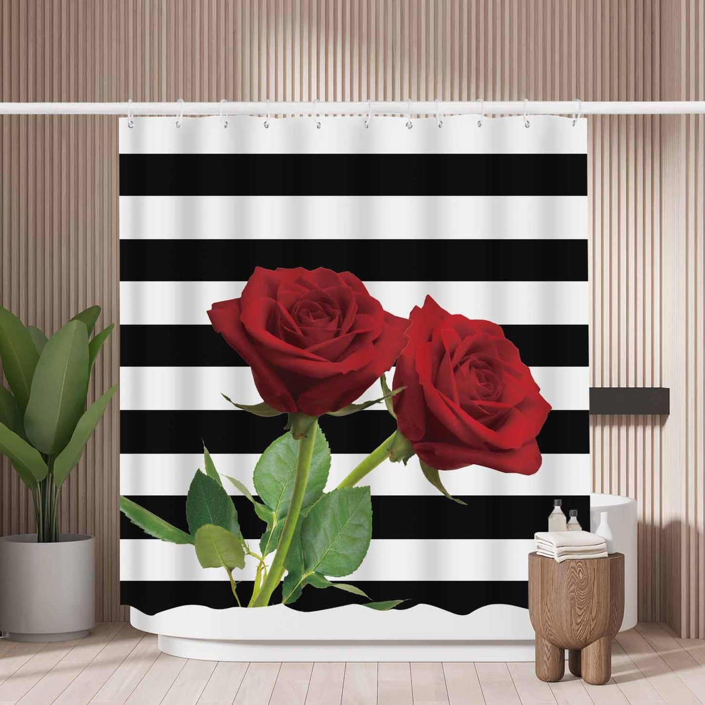 Woutay Shower Curtain Mould Proof Resistant Red Rose,Water Repellant Fabric,Polyester,with 12 Plastic Hooks,Size 180x180CM