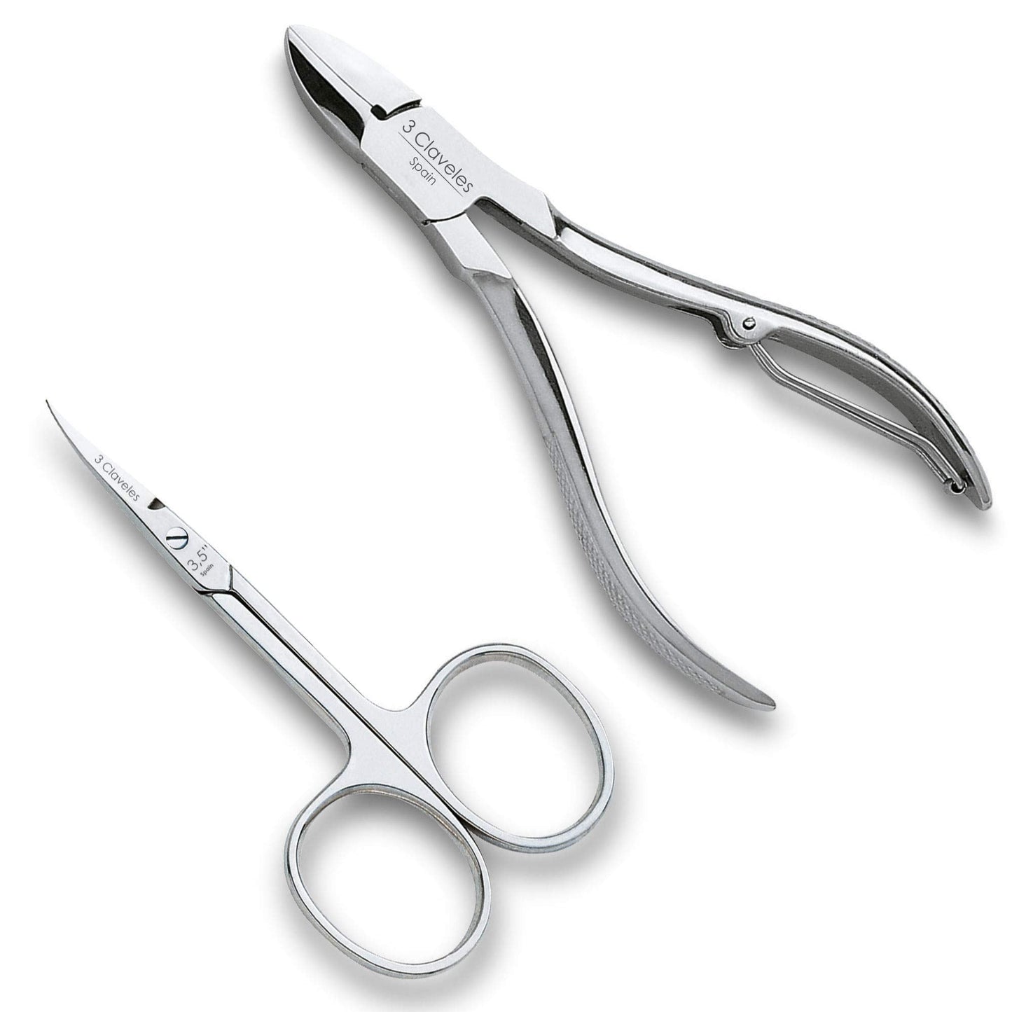 3 Claveles Short Scissors with Curved Tip with Nail Pliers Nickel Plated Manicure Kit Scissors Cuticulas and Nail Pliers Professional Stainless Steel