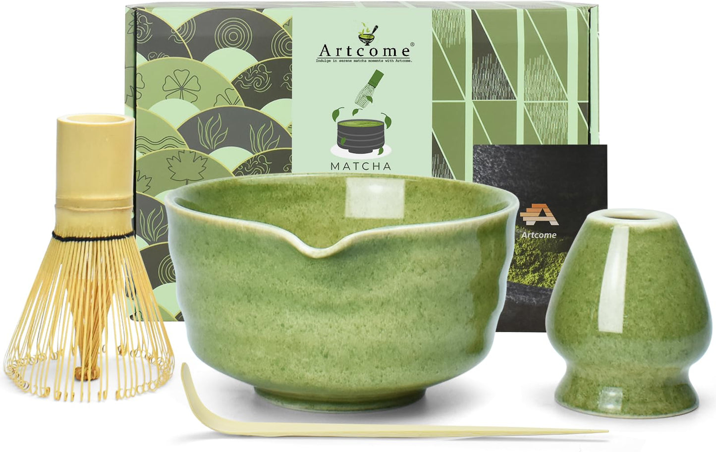 Artcome 4-Piece Matcha Tea Set - Complete Japanese Ceremony Kit with Bowl, Whisk, Whisk Holder, Scoop & Guide, Mottled Green