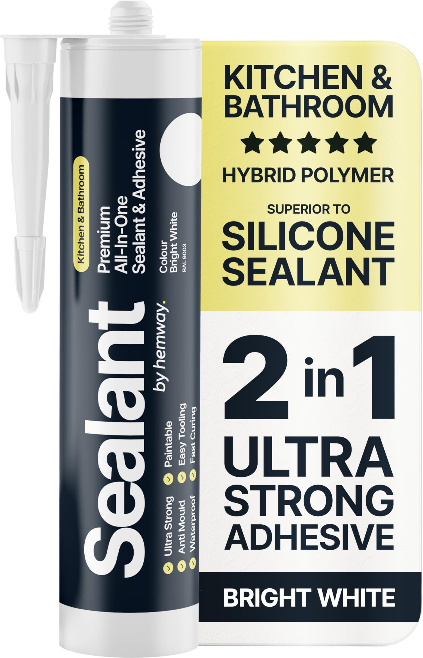 Bright White Kitchen & Bathroom Sealant & Adhesive Hybrid Polymer | Superior to Bathroom Silicone Sealant | Waterproof, Odourless, Anti-Mould | Ideal