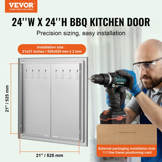 VEVOR BBQ Access Door, 610x610 mm Double Outdoor Kitchen Door, Stainless Steel Flush Mount, Double Wall Vertical with Handles and Hooks, for BBQ