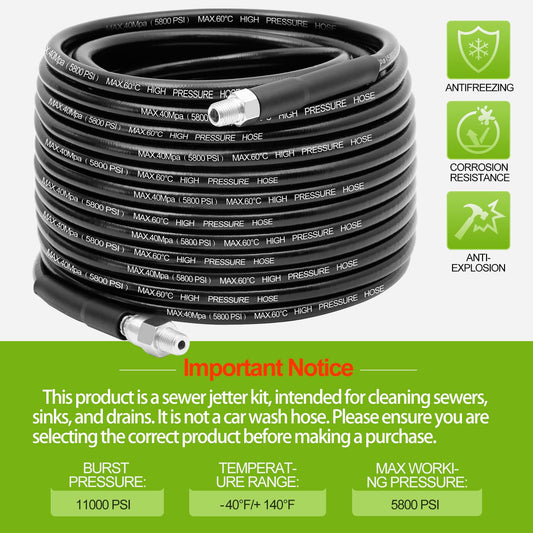 30M/100 FT Drain Jetting Hose - Compatible with Karcher and Bosch Pressure Washer Gun, 400 Bar/5800PSI Drain Jetter for Pressure Washer Gun Includes 4