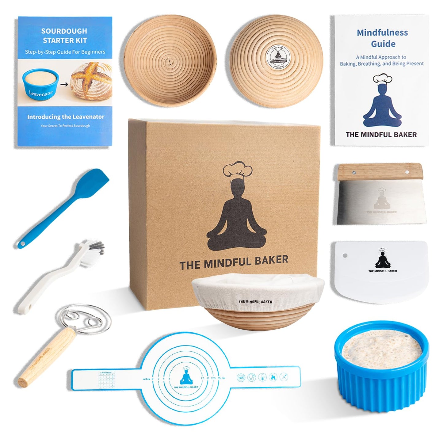 Sourdough Starter Kit with Banneton Proofing Basket & Leavenator Jar ? Complete Bread Making Set with Natural Rattan Tools, Mindful Recipe Book &