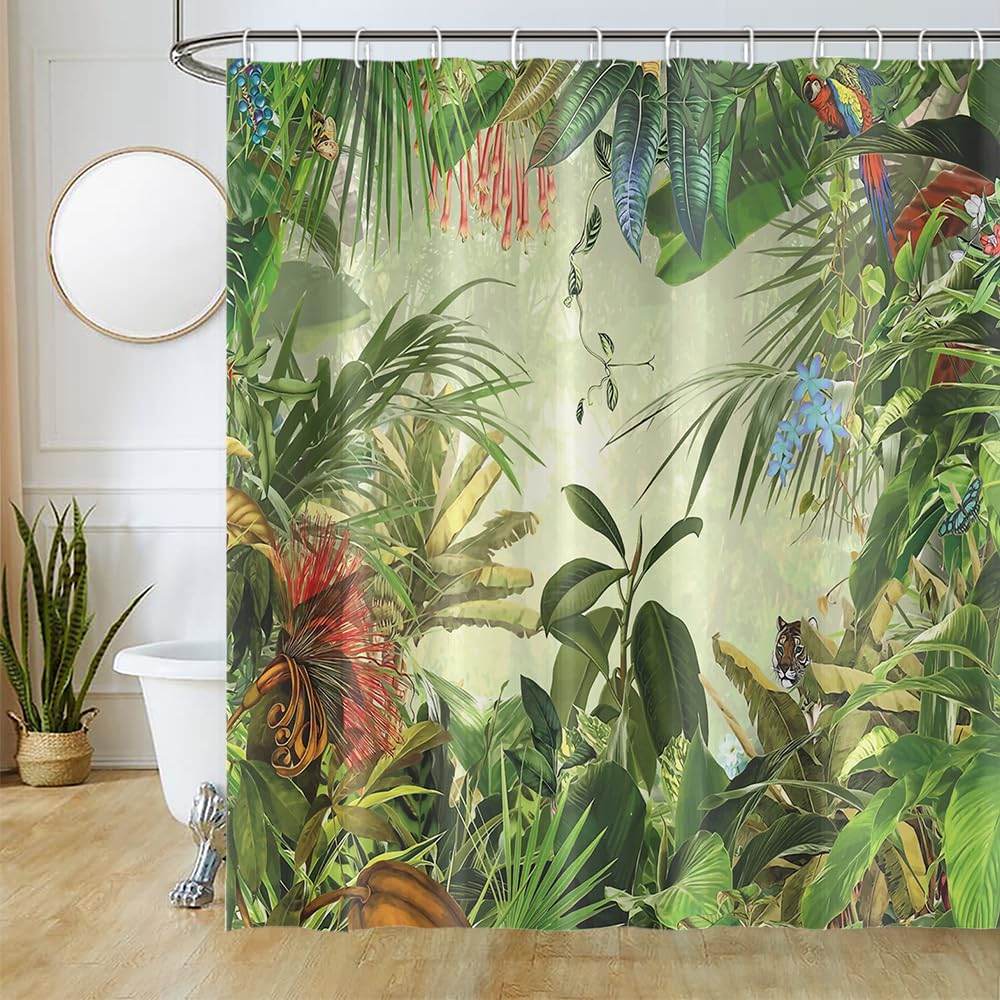 Uiiooazy Forest Shower Curtain, Green Tropical Palm Leaves Monstera Boho Bath Curtain Mildew and Mould Proof Waterproof Polyester Fabric Opaque