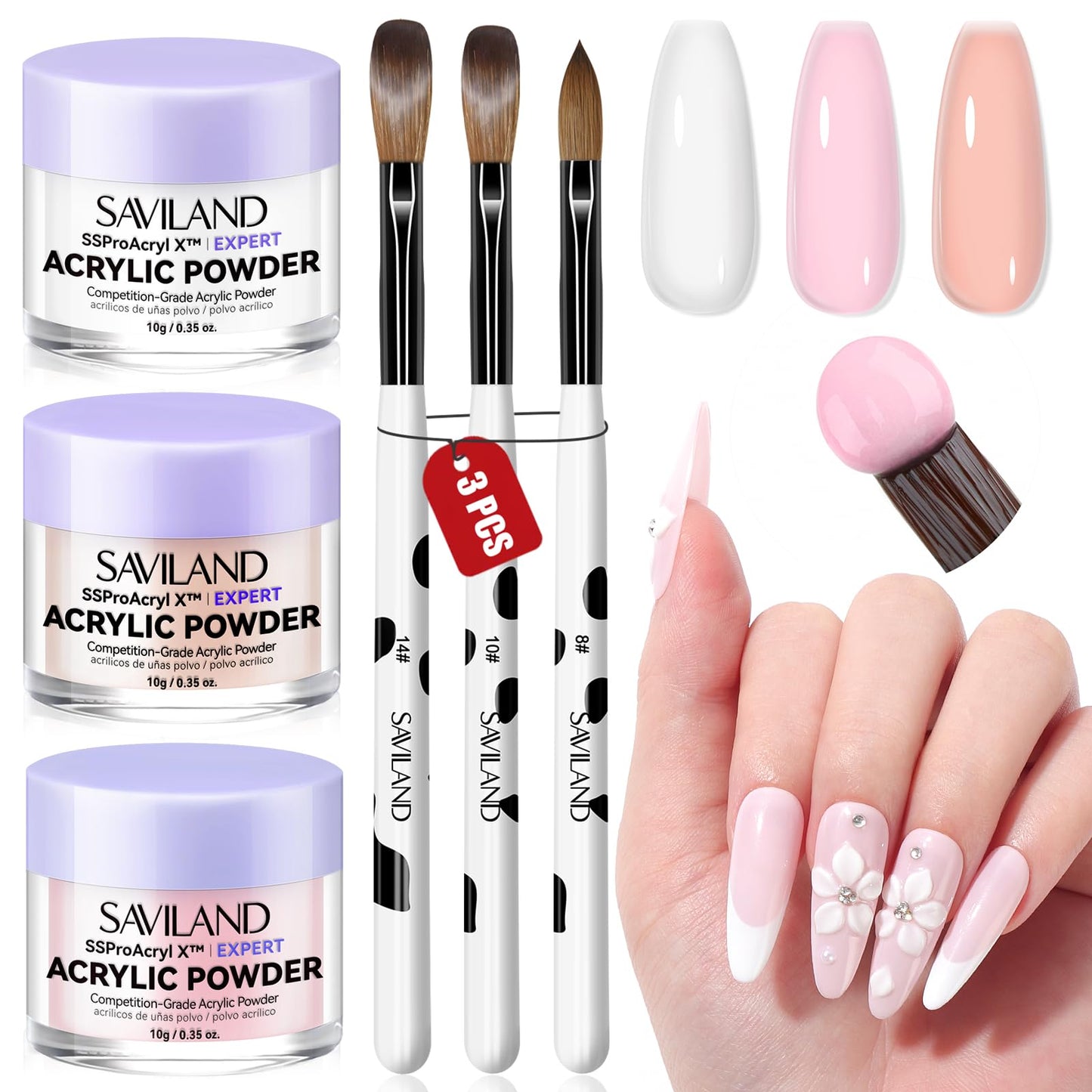 SAVILANDAcrylic Nail Kit: 3 Colors Powder, 3 Pcs Brushes (Size 8/10/14) for French Extensions & 3D Carving Art, Beginner DIY Home