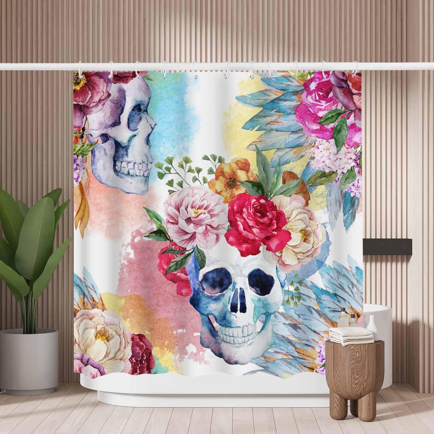 Woutay Shower Curtain Mould Proof Resistant Watercolor Skull Flowers,Water Repellant Fabric,Polyester,with 12 Plastic Hooks