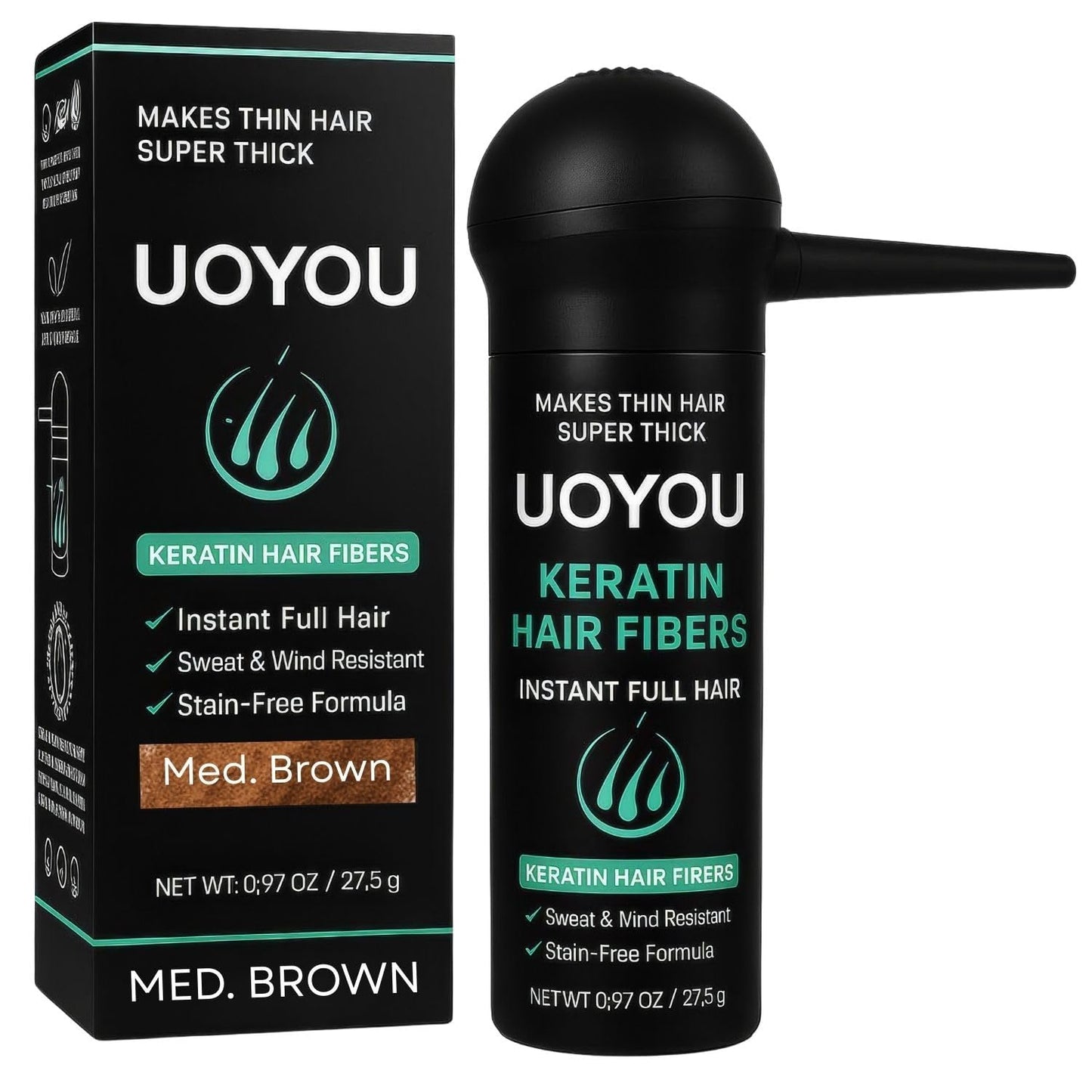UOYOU Hair Fibres MEDIUM BROWN 27.5g with Pump Applicator ? Natural Keratin Hair Building Fibers for Thinning Hair ? Undetectable, Sweat- &