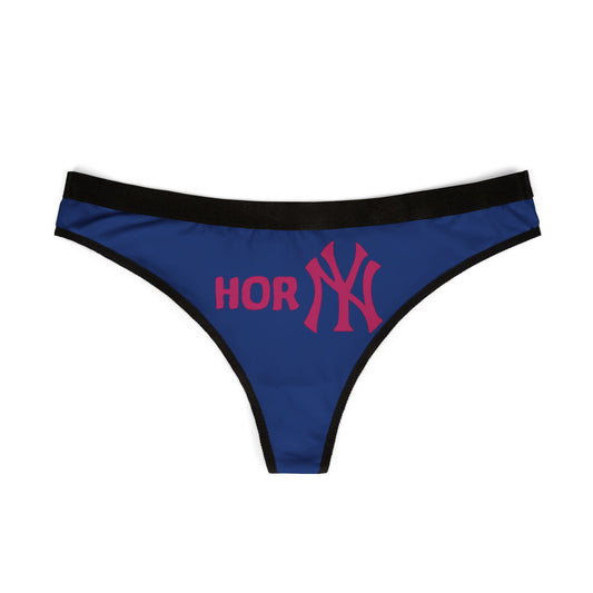 Elegant blue thong panties featuring the bold 'HOR NY' graphic, designed for the chic and confident woman embracing her sensuality.