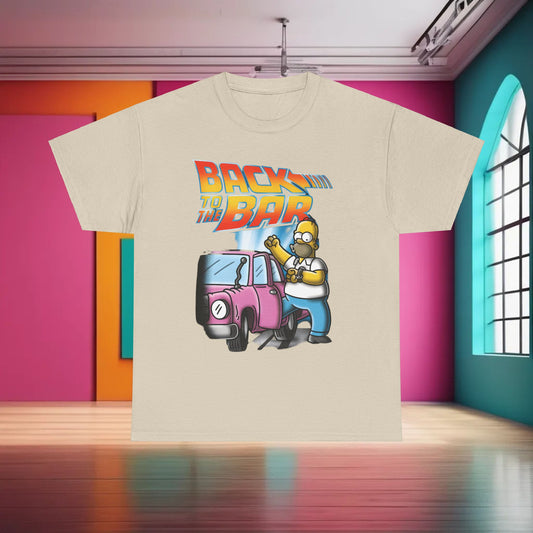 Elegant Homer Simpson Back to the Bar Graphic T-Shirt in a soft beige hue, featuring a humorous graphic of Homer by a pink vehicle, ideal for a stylish, relaxed look.